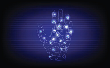Futuristic biometric authentication concept featuring a glowing digital hand scan on a dark blue background with technology circuit elements.