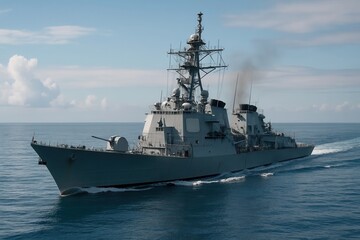 A naval vessel cruises through the vast expanse of the ocean under a clear sky, embodying the power and precision of modern naval warfare