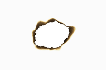 Grunge texture of a burnt paper hole. A vintage design element isolated on white background with clipping path.