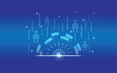 Abstract technology background featuring a glowing semicircular digital interface with circuit patterns, floating data elements, and a bright light source.