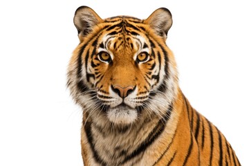 Naklejka premium A striking tiger gazes directly into the camera, its piercing yellow eyes reflecting a world of untamed power