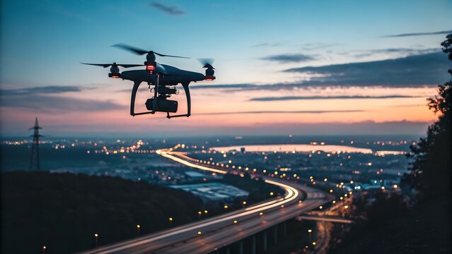 Drone flying over city highway at sunset with dramatic clouds - Powered by Adobe