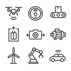 Fototapeta premium Technological Movement Icons. Outline icon set of technological movement: drone flying, robotic vacuum, conveyor system, elevator