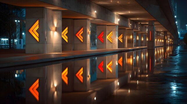 Glowing arrows on the side of an urban road