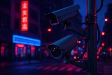 A solitary surveillance camera stands guard over a vibrant cityscape at night, its lens reflecting the neon lights of urban life