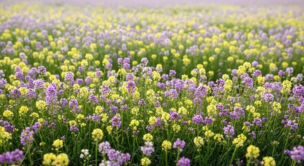 Colorful Flower Field with Purple and Yellow Blooms in Natural Landscape