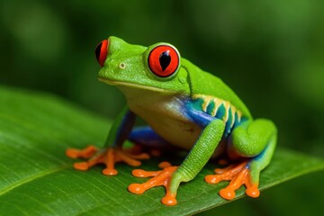 Naklejka premium A vibrant green frog with striking red eyes perches on a leaf, embodying the essence of tropical biodiversity