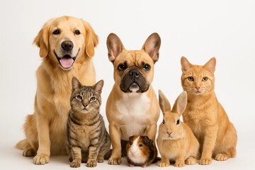 A Dog, Cat, Bulldog, and Rabbits in a Peaceful Assembly