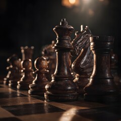 Fototapeta premium Dark Wooden Chess Pieces on Board, Strategy Game