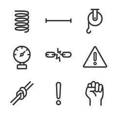 Fototapeta premium Tension Mechanic Icons. Outline icon set of tension mechanics: spring coil, stretched wire, pulley, pressure meter, broken chain,
