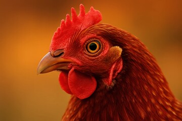 A close-up of a rooster's head, showcasing its vibrant red comb and alert eyes against an orange backdrop