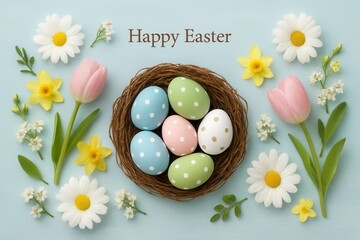 A Delicate Dance of Spring Flowers and Pastel Eggs in a Woven Nest