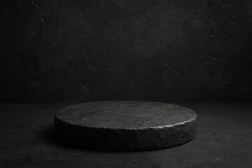 A solitary black pedestal stands against a textured dark backdrop, evoking a sense of minimalist elegance