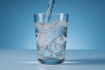 A Glass of Water with Ice Cubes and a Stream of Clear Liquid