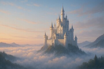 A majestic castle stands tall amidst a cloudy sky, casting an ethereal glow over a serene landscape