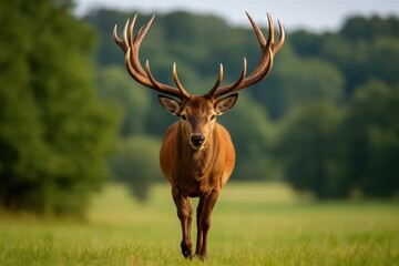 A majestic red deer stands tall in a verdant field, its impressive antlers reaching towards the sky