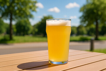 Cold Belgian white beer served outside in sunny day stock photo