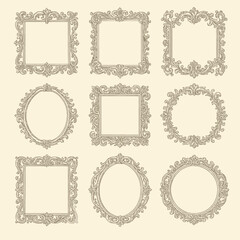 An elegant EPS vector illustration set of vintage hand-drawn frames featuring intricate ornamental designs, flourishes, scrolls, and decorative borders.
