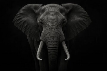 Fototapeta premium A majestic elephant stands in stark contrast against a black backdrop, its tusks gleaming under the spotlight