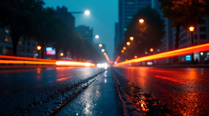 Wet City Street at Night with Red Light Trails and Streetlights in the Rain wet street raining