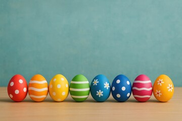 A vibrant array of Easter eggs in a row against a blue backdrop, symbolizing joy and celebration