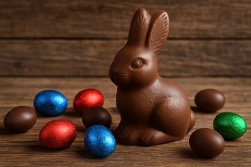 A Chocolate Rabbit with a Colorful Caduceus Surrounded by Traditional Easter Eggs