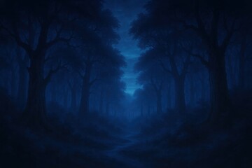 A mystical forest at night, where shadows dance with the moonlight