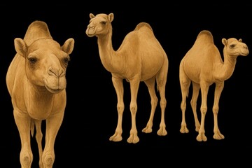 Three camels standing in a line against a black background, each with distinct features and expressions