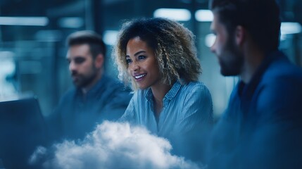Colleagues collaborating on a cloud based platform in a modern office setting
