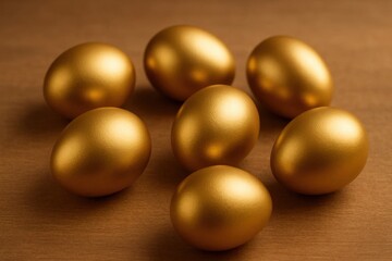 Eight golden eggs gleam on a textured brown backdrop, symbolizing wealth and abundance