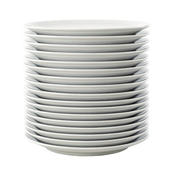 A tall stack of clean white ceramic dinner plates neatly piled high on a transparent background for easy use isolated on transparent background