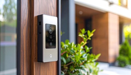 Smart home video doorbell with camera installed on a wooden wall at a modern house entrance