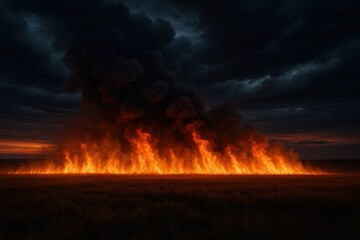 A fiery spectacle unfolds as dark clouds gather over a field ablaze with intense flames
