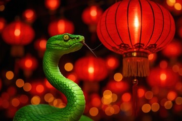 A serpent gazes into the heart of a lantern-lit celebration, embodying the mystery and allure of ancient traditions