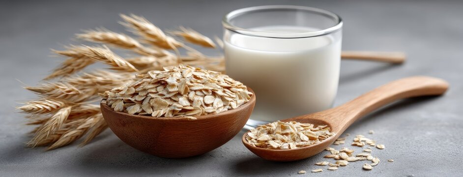 Oatmeal preparation with rolled oats and plant-based milk on wooden table with rustic textures at morning light