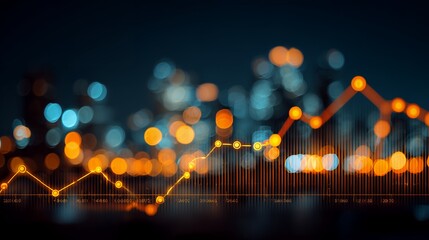 Glowing financial graph over blurred city lights at night, concept for stock market analysis, investment strategy and business reporting.