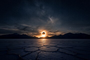 Scenic view of a total solar eclipse over a cracked desert landscape with mountains silhouette at dusk, concept for astronomical events visualization, science education and apocalyptic themed