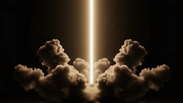 Epic Golden Light Beam Ascending from Billowing Smoke and Dark Clouds Against a Deep Black Background Powerful Energy Ray Mysterious Eruption Divine Glow