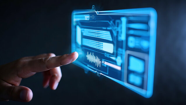 Hand Interacting with Virtual Data Interface. Business, Technology, Internet and network concept. Digital Marketing content planning advertising strategy concept. Property management. - Powered by Adobe