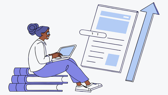 Woman Working on Laptop with Growing Content.