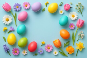 Easter eggs in pastel hues surround a serene blue canvas, adorned with delicate flowers and lush greenery This festive arrangement invites joy and anticipation for the season's renewal