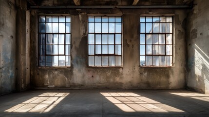 Empty industrial room with three large windows and sunlight shining through, concept for architectural backgrounds, warehouse conversions and renovation projects