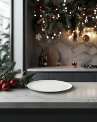 Empty white plate on marble countertop, Christmas kitchen