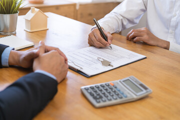 Asian tenant, client man sign signature contract rental purchase, buyer home or apartment with...