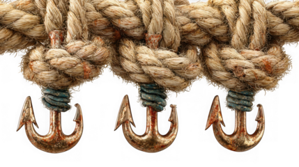 Three bronze anchors hanging from a thick twisted rope creating a nautical themed design element isolated on transparent background