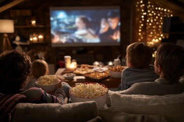 Family enjoys movie night in cozy attic home theater with snacks and popcorn, concept for entertainment at home, creating memories, and cozy family moments