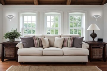 Fototapeta premium Embracing Modern Connectivity Within a Cozy Living Space Immersed in Natural Light and Inviting Textures Offering A Blend of Comfort and Technological Sophistication for Contemporary Homes