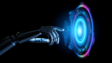 Robot Hand Interacting with Holographic Interface. Futuristic AI robot hand interacting with holographic interface in digital space with glowing elements.