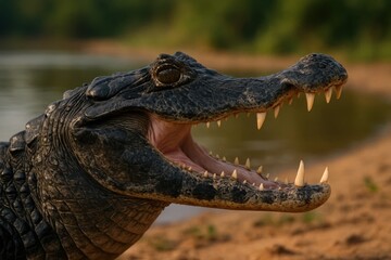 Obraz premium A crocodile's open mouth reveals its powerful jaws, a testament to nature's predatory prowess