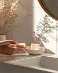 Hands holding a bar of soap over a small, speckled, ceramic dish.  Sunlight highlights a bathroom counter with white tiles and marble.  Dried pampas grass is in a vase